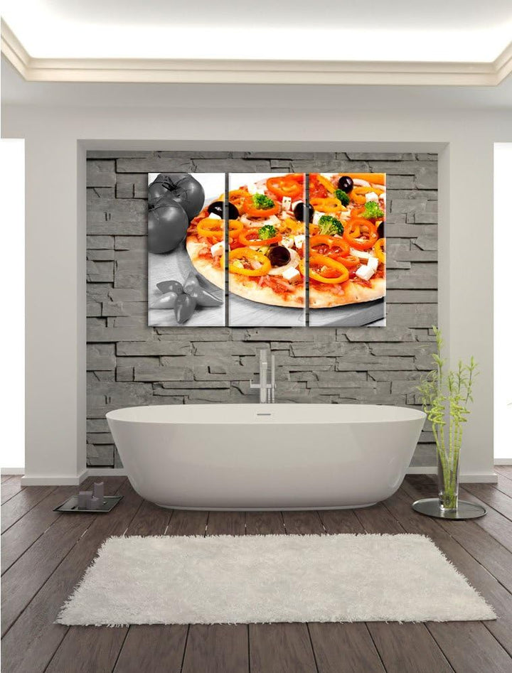Pixxprint Pizza mit Oliven und Hirtenkäse als Leinwandbild/Grösse: 3 Teilig (120x80) cm/Wandbild/Kun