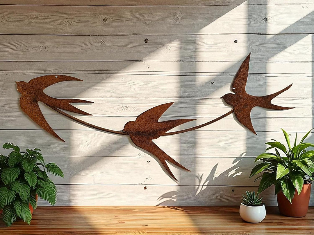 Bornhöft Gartendeko Schwalben aus Edelrost, 3er Set Wanddekoration, Fliegende Vögel zum Aufhängen, R