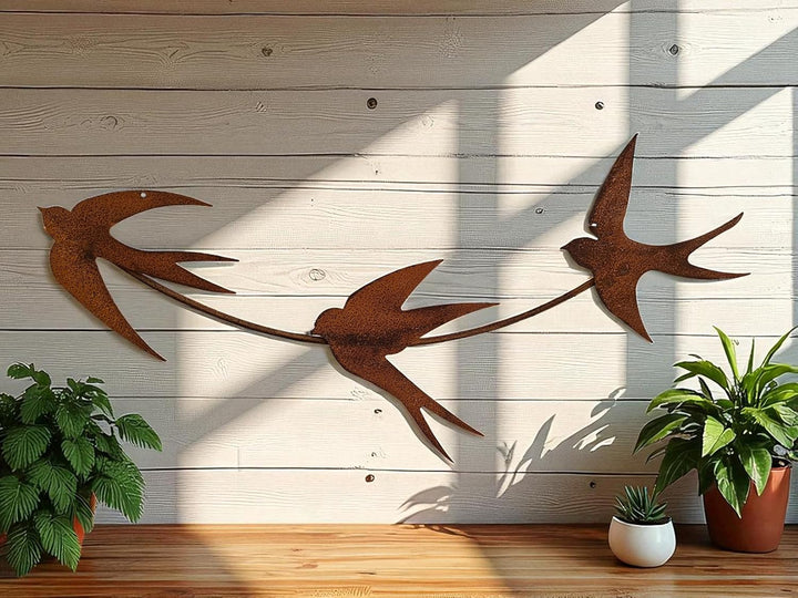 Bornhöft Gartendeko Schwalben aus Edelrost, 3er Set Wanddekoration, Fliegende Vögel zum Aufhängen, R