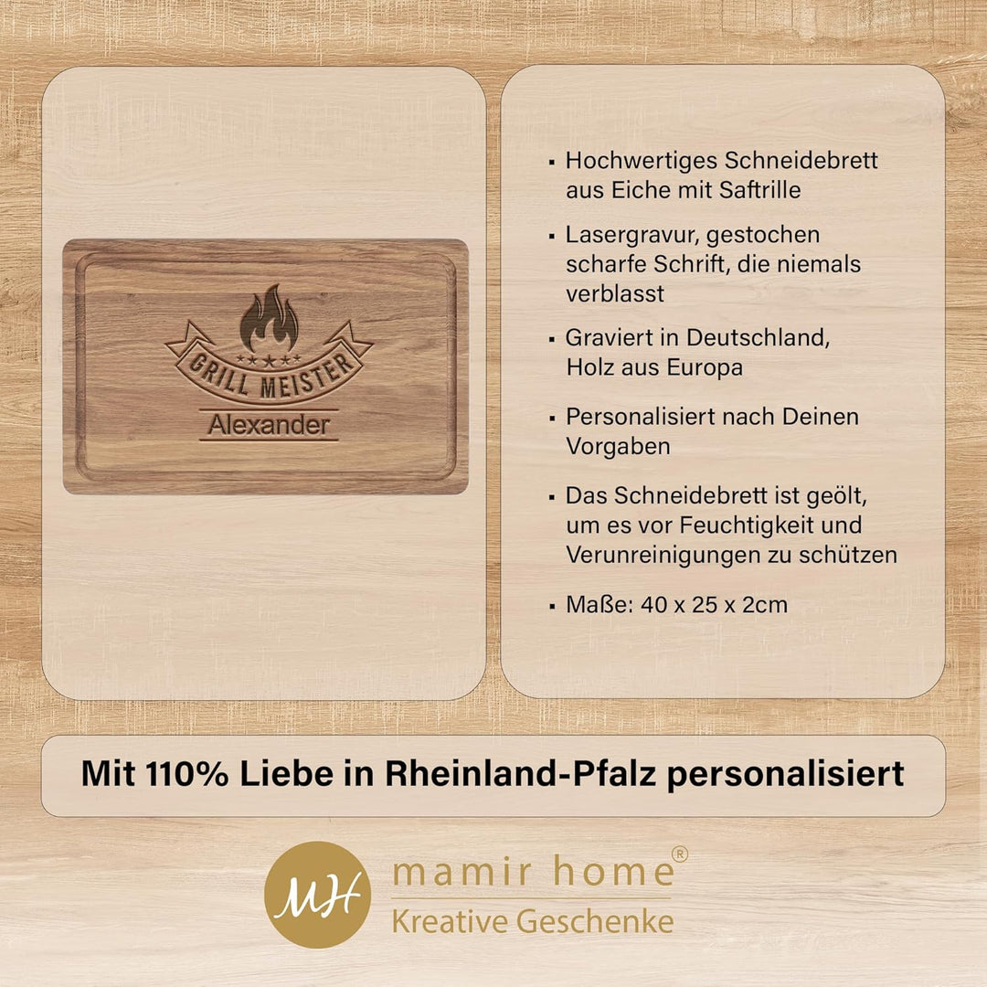 Geburtstagsgeschenk Männer mit Name | 40x25x2cm XL Schneidebrett Holz personalisiert | GRILLMEISTER