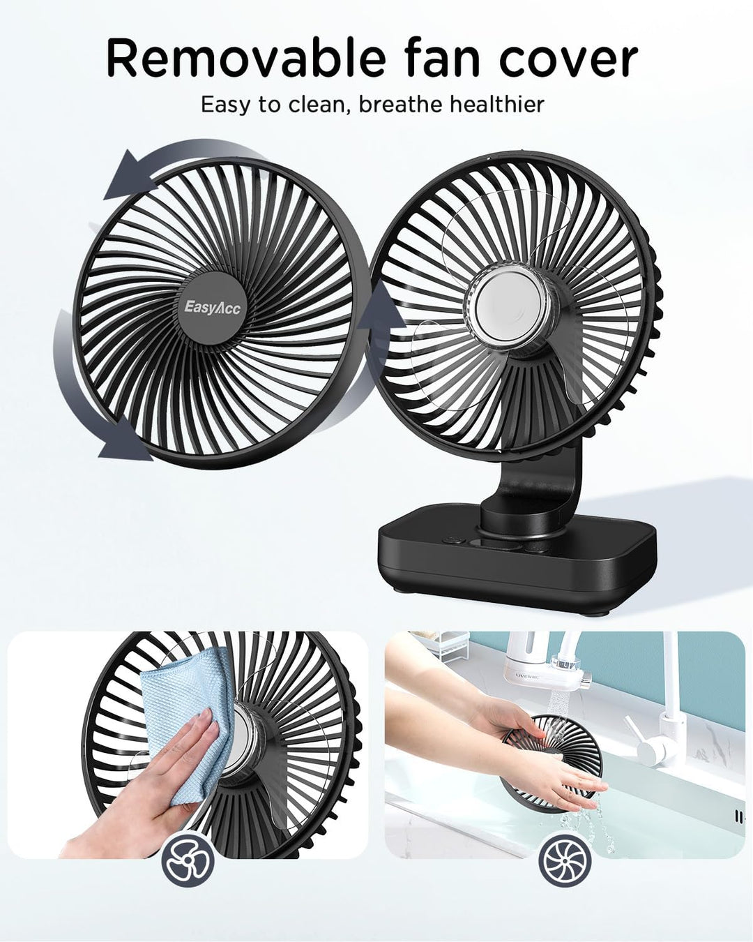 EasyAcc Tischventilator Oszillierend Batterie USB Ventilator 4000 Akku Klein Tragbarer 4 Geschwindig