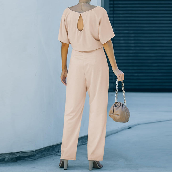 Coloody Damen Lang Jumpsuit Overall Hosenanzug Elegant Romper Kurzarm Rundhals Playsuit mit Gürtel H