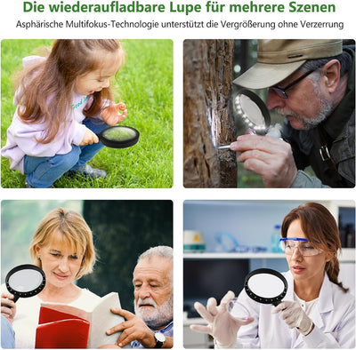Lupe mit Licht,Leselupe mit Licht für Senioren Gross,3 Lichtmodi USB Wiederaufladbar,Beleuchtete Lup
