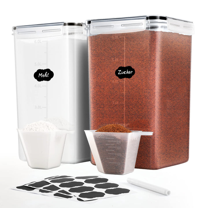 6,5L Gross Vorratsdosen mit Deckel Luftdicht 2er Set, Etiketten und Löffel, BPA Frei Plastik Aufbewa