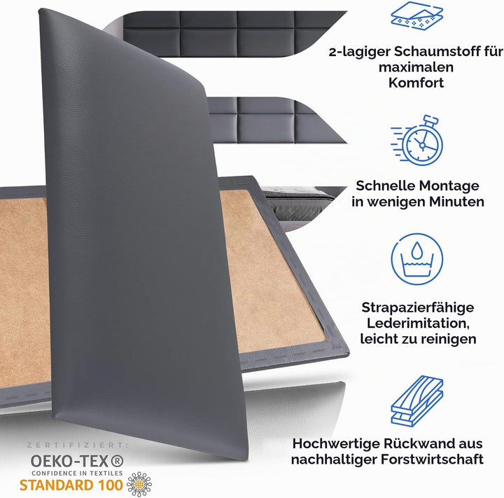 softwalls Wandkissen Leder mit 50mm Polsterung - Bett Kopfteil Wandpolster - Wandverkleidung - Wandp