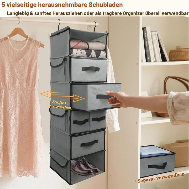 Aufhängende Regale mit 5 Schubladen und 3 Seitentaschen,Langlebiger Stoff hängende Schrank Organizer