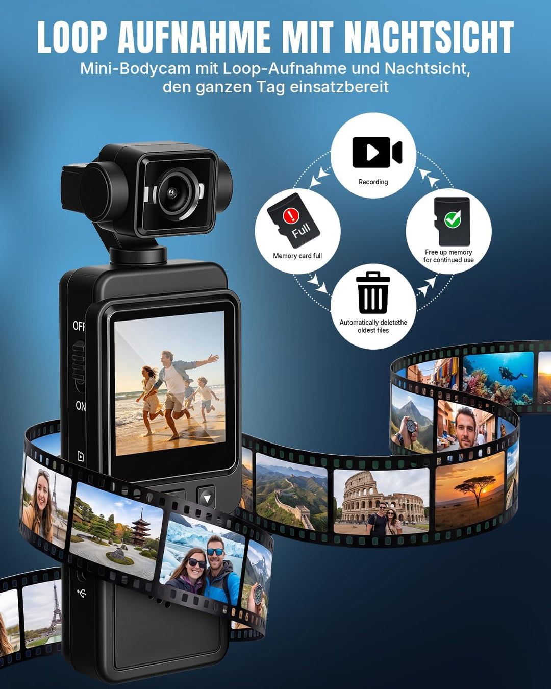 Körperkamera Bodycam Vlog Kamera, 4K Mini Sports Action Cam mit 270° Drehbarem Objektiv, Tragbare PO