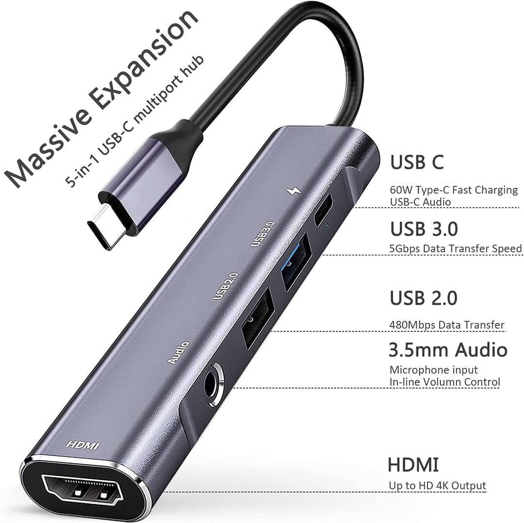 GKEAPZA USB C auf HDMI Adapter 5IN1 Typ C Hub mit 3.5mm Jack, 4K HDMI, PD 60W, USB 3.0, für Type C L