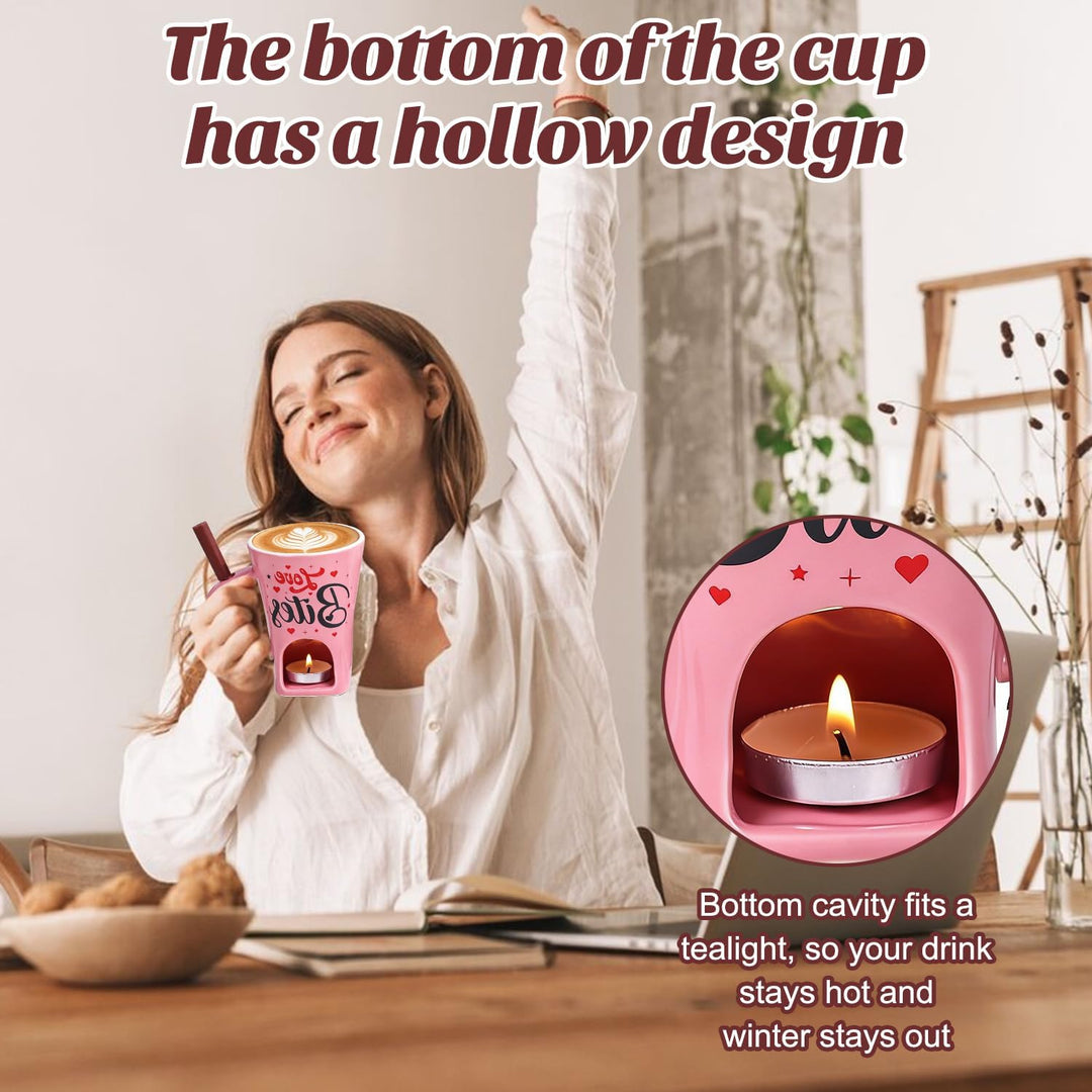 Keramik Schokofondue Tasse Set, 200ml Schoko Fondue Cup, Rosa Schokofondue Tasse mit Gabel und Teeli