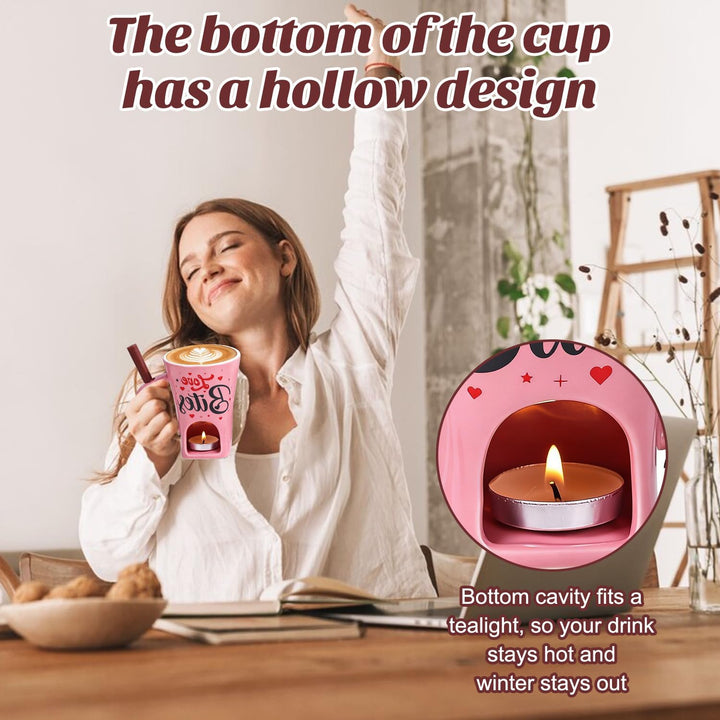 Keramik Schokofondue Tasse Set, 200ml Schoko Fondue Cup, Rosa Schokofondue Tasse mit Gabel und Teeli