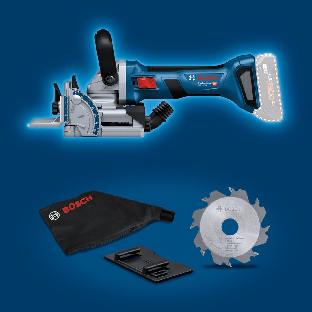 Bosch Professional 18V System Akku-Flachdübelfräse GFF 18V-22 (inkl. Scheibenfräser Ø 105 mm, Staubb