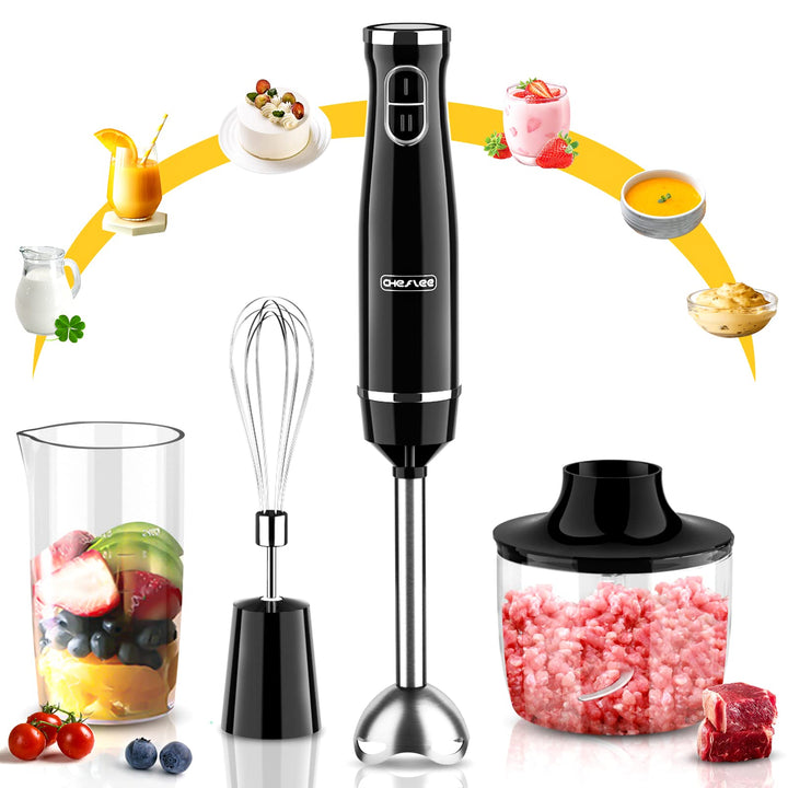 CHeflee Stabmixer Set 5 in 1 (800 Watt) Pürierstab, mit Edelstahl Mixfuss, Schneebesen, Milchaufschä