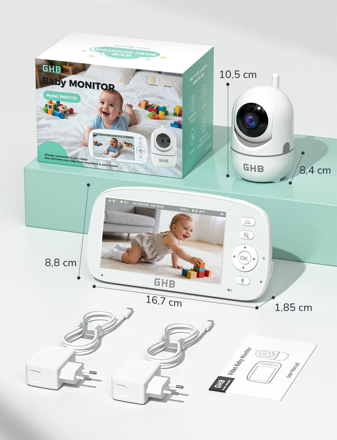 GHB Babyphone mit Kamera 5 Zoll 720P HD Kamera IPS Display mit 5000mAh Akku 4X Zoom 2-Bildschirm-Spl