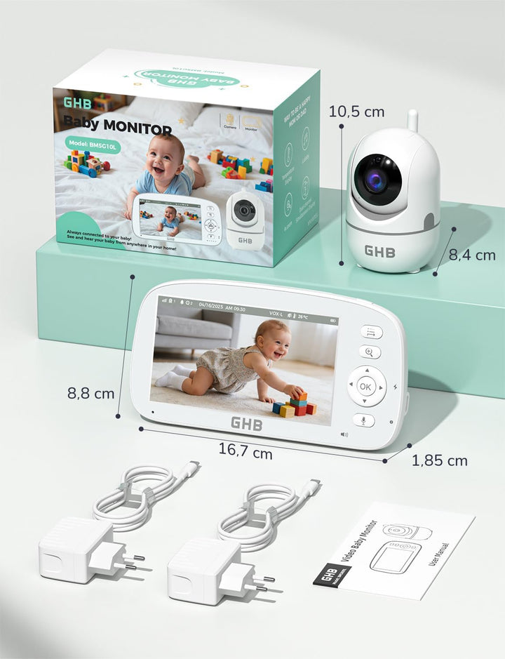 GHB Babyphone mit Kamera 5 Zoll 720P HD Kamera IPS Display mit 5000mAh Akku 4X Zoom 2-Bildschirm-Spl