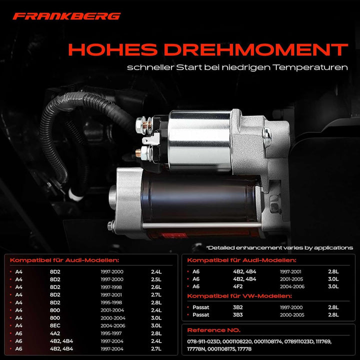 Frankberg Anlasser Starter 1.4KW Kompatibel mit A4 8D2 2.4L-3.0L 1995-2001 A4 8E2 2.4L 3.0L 2000-200