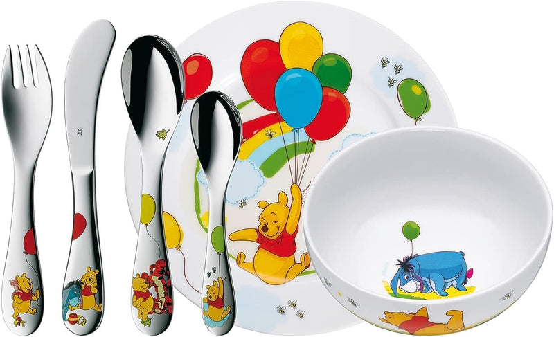 WMF Disney Winnie Pooh Kinder Geschirrset 6-teilig, Kindergeschirr mit Kinderbesteck Edelstahl, ab 3