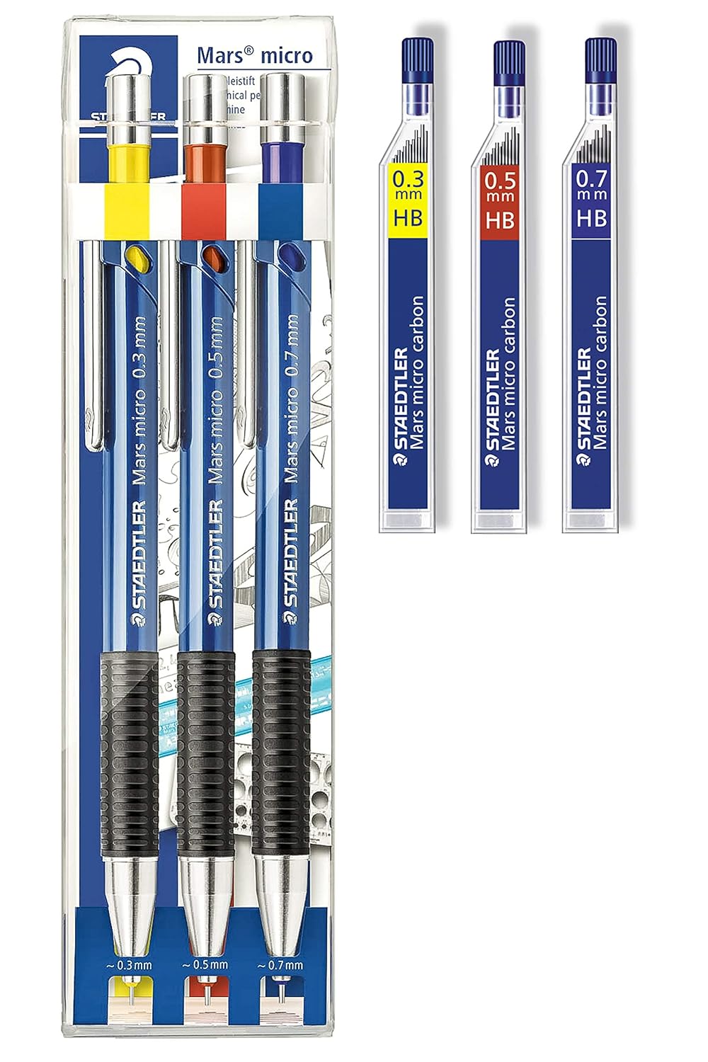 Staedtler 775SCWP3 - Marsmicro 0,3-0,7 3er Set farbig (1, inkl. Minen 03 HB?05 HB?07HB) inkl. Minen