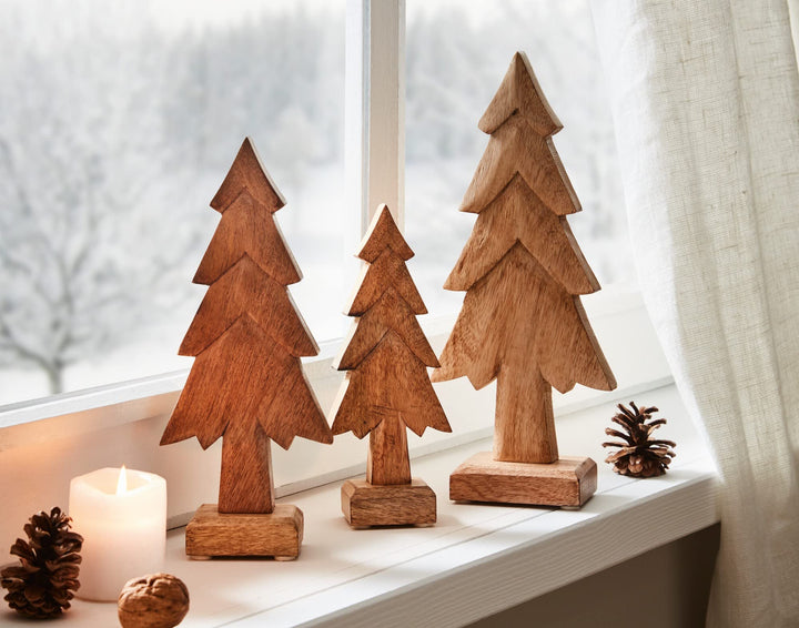 Dekoleidenschaft 3er Set Tannen aus Mango-Holz, 20 cm 25 cm 30 cm hoch, Tannenbaum, Dekofigur, Holzd