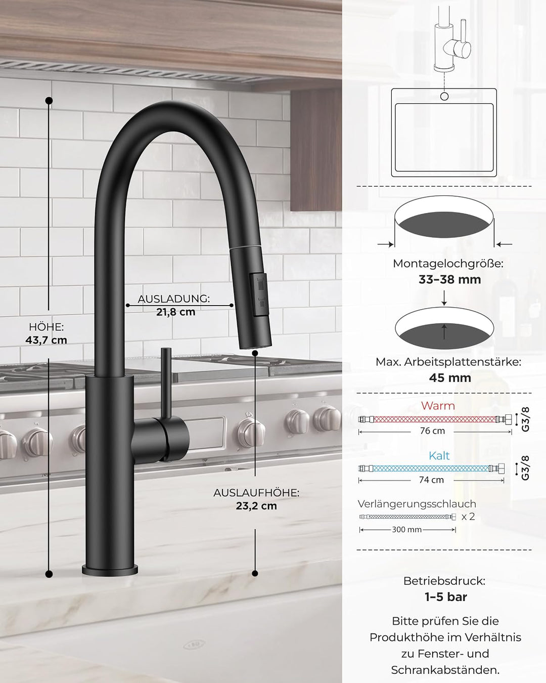 FORIOUS Wasserhahn Küche, Hoher Bogen Ausziehbar Küchenarmatur, 360° Schwenkbar Mischbatterie Spülti