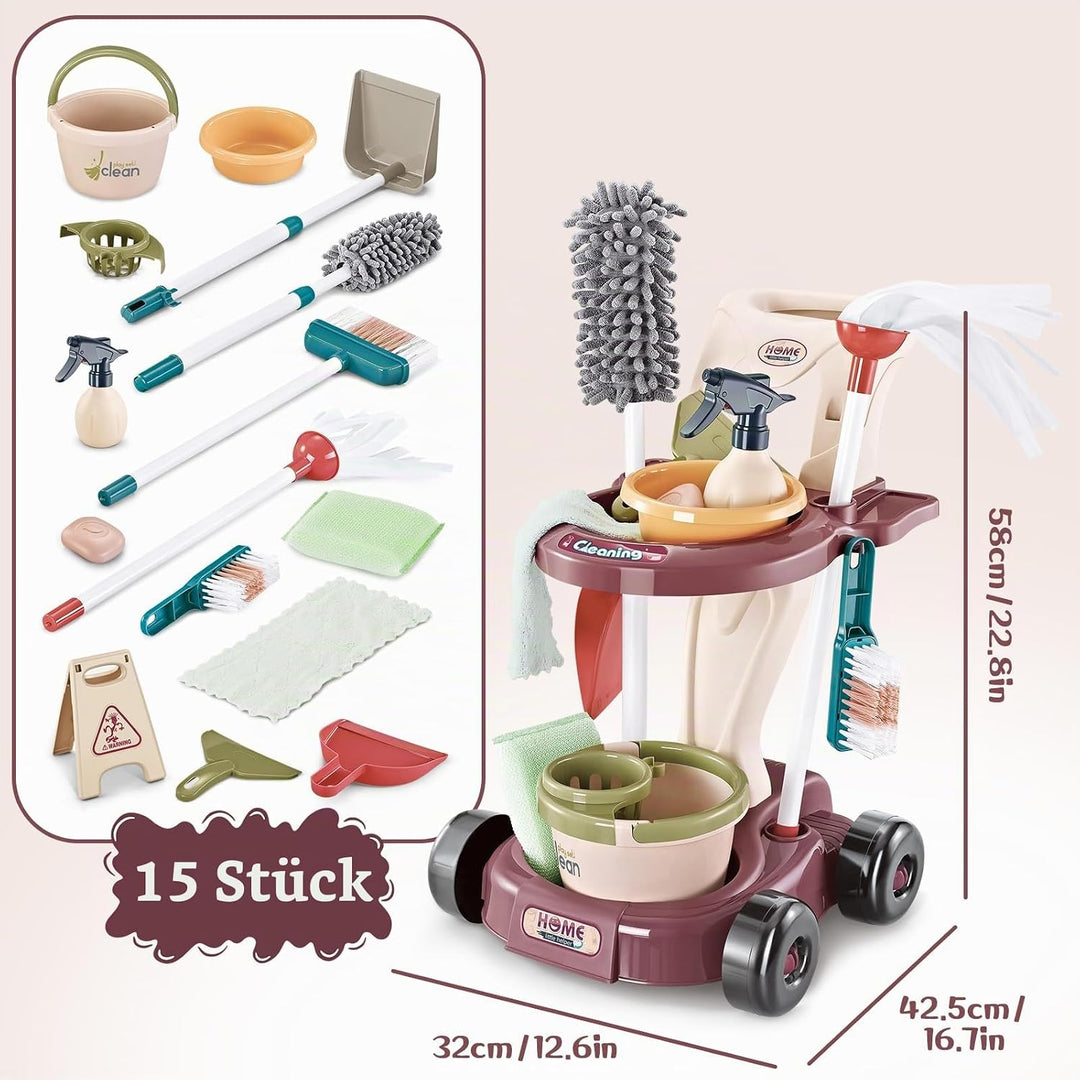 deAO Kinder Putzwagen - Putzset mit Wischmop, Eimer, Besen, Staubsauger, Bürsten, Kehrschaufel, Hand