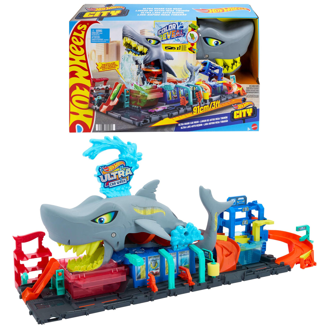 Hot Wheels Let's Race Netflix -City Spielzeugauto-Trackset, Ultimative Hai-Autowaschanlage mit Spiel