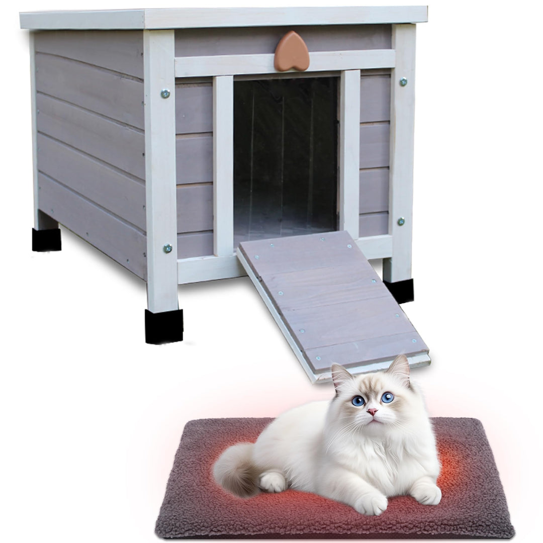 Katzenhaus für draussen mit Selbstwärmematte, wetterfestes Wildkatzenhaus Outdoor, hölzernes kleines