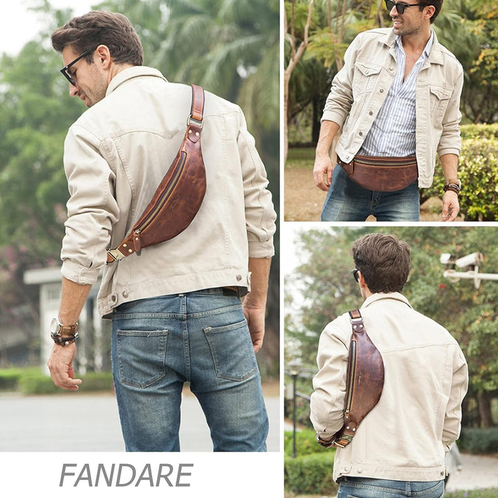 FANDARE Retro Brusttasche Leder Bauchtasche Sling Waist Bag Herren Unternehmen Schultertasche Umhäng