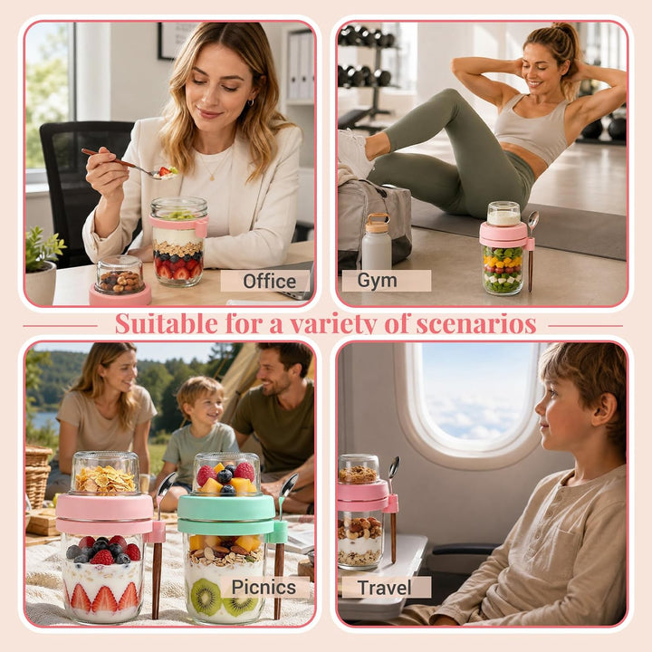 Müslibecher to go mit Löffel 2er Set 480ml+120ml | Overnight Oats Gläser, Joghurtbecher, Doppelschic