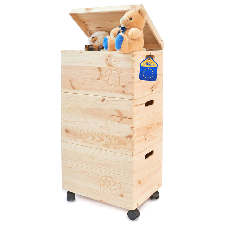 PINUS - Spielzeugkiste Holz mit Deckel 3-in-1, Spielzeug Aufbewahrung Motiv, 39x30x74 cm, Aufbewahru