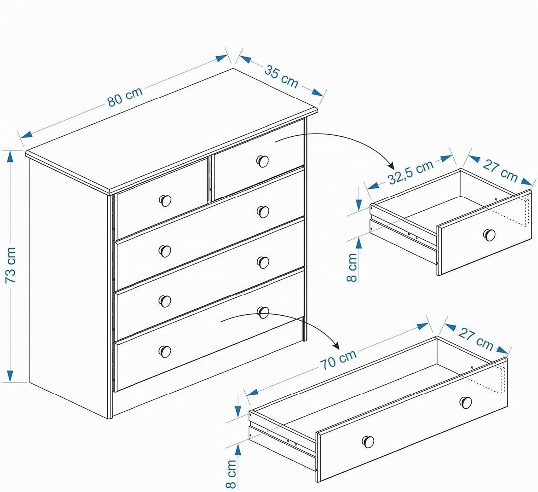 IDIMEX Kommode, schöne Anrichte mit 5 Schubladen, praktisches Sideboard aus massiver Kiefer in weiss