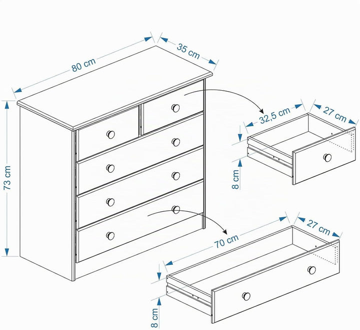 IDIMEX Kommode, schöne Anrichte mit 5 Schubladen, praktisches Sideboard aus massiver Kiefer in weiss