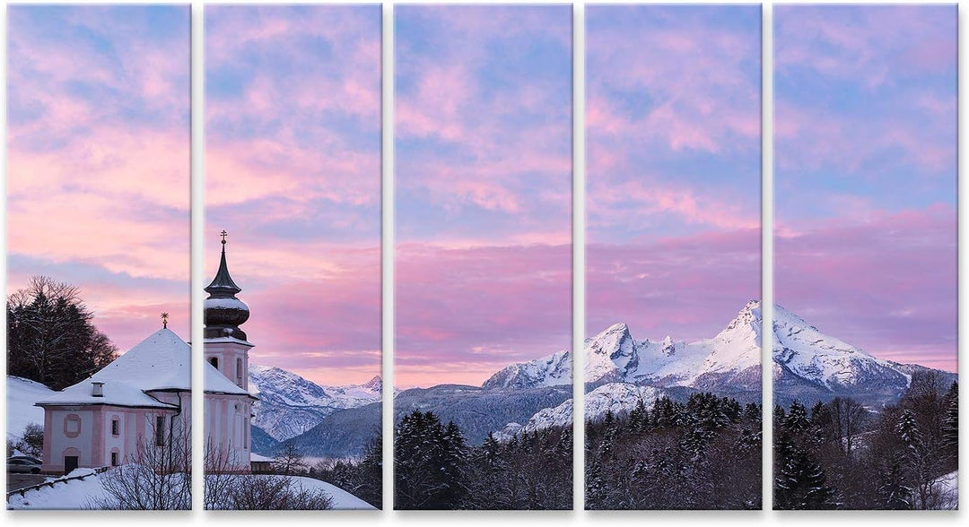 islandburner Bild auf Leinwand Watzmann Sonnenuntergang Kirche Bayern Berchtesgaden Deutschland Alpe