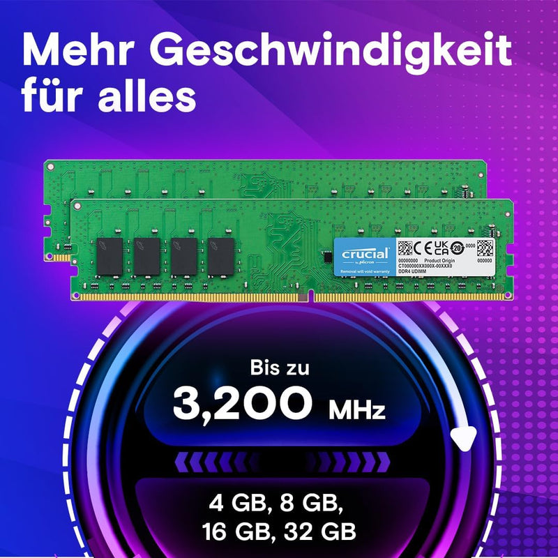 Crucial RAM 32GB DDR4 3200MHz CL22 (2933MHz oder 2666MHz) Desktop Arbeitsspeicher CT32G4DFD832A 32GB