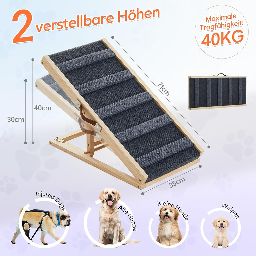 Tukailai Hunderampe aus Holz 70cm Lang Hundetreppe für Bett Sofa Auto Klappbare 2 Höhenverstellbar H