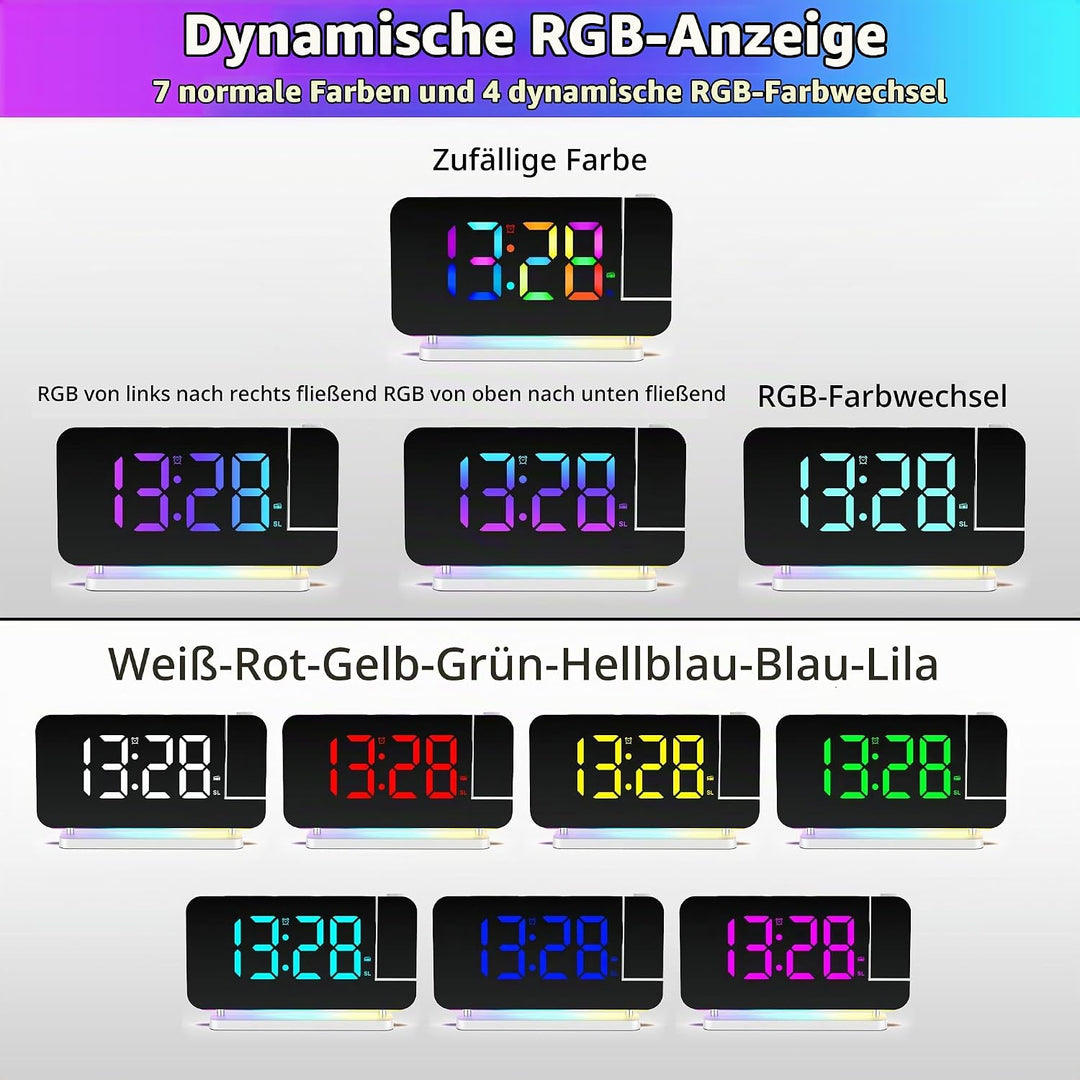 Lancoon Digitaler Wecker mit 180° Projektion Funkuhr 11 RGB Farbdisplay 10 Farben Nachtlicht 15 Stuf