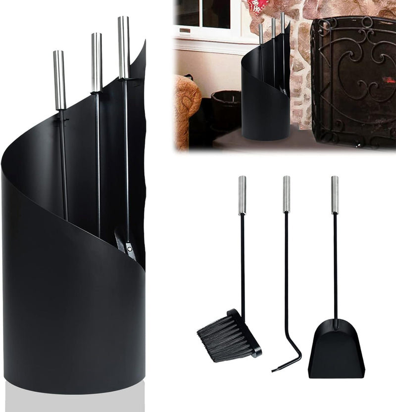 LZQ Kaminbesteck Schwarz 4-tlg. Modern Edelstahl Kaminzubehör, Kaminofen Zubehör Set mit Schürhaken,