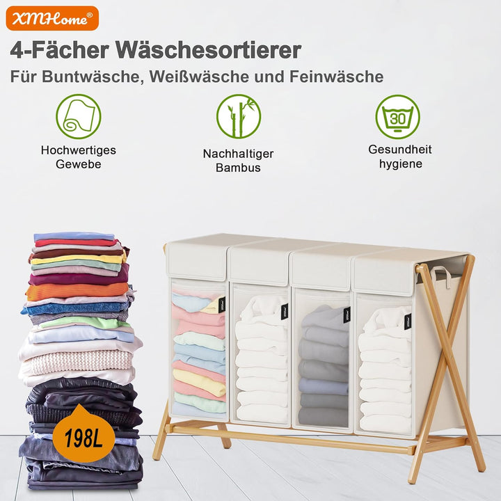 Faltbarer Wäschekorb 198L mit 4 Fächern,Bambus Wäschesammler,X-förmiges Wäsche Sortiersystem mit Dec