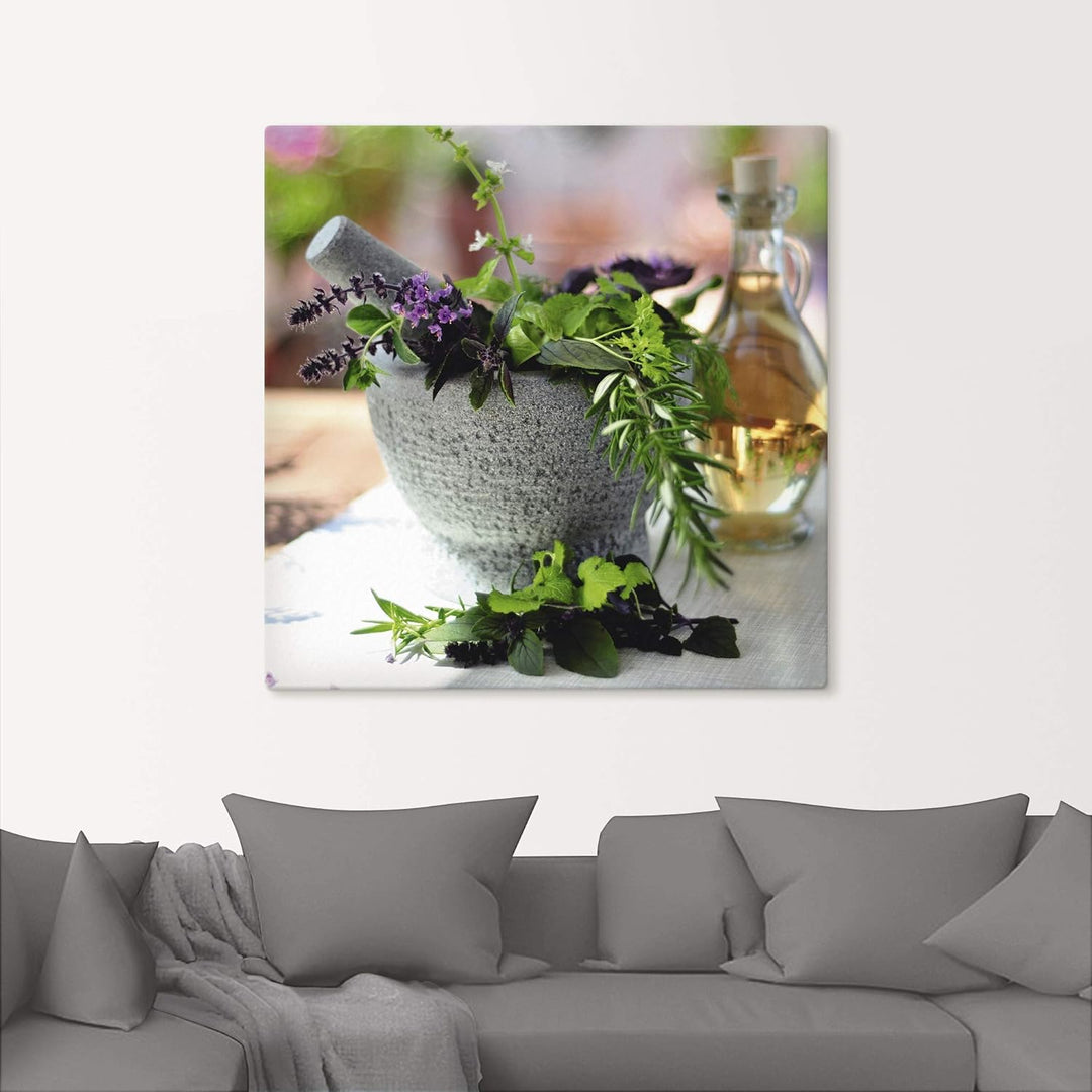 ARTland Leinwandbilder Wandbild Bild auf Leinwand 50x50 cm Kräuter Gewürze Mörser Lebensmittel Medit