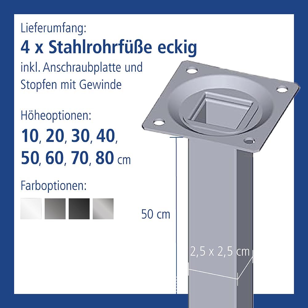 DIY Element System Möbelfuss eckig – Vierkant-Metallfuss, ideal als Tischbein für die Gestaltung ind