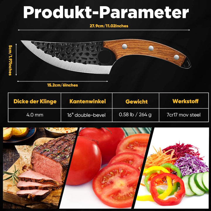 OOKUU Kochmesser Küchenmesser, Fleischerbeil Hackmesser mit Messerschärfer und Lederscheide, Profi A