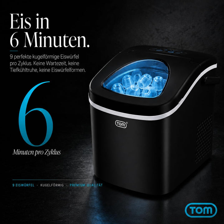 TOM Eiswürfelmaschine – 9 Eiswürfel in 6-8 min – 12 kg/24 h – 2 Würfelgrössen – Ice maker Eiswürfelm