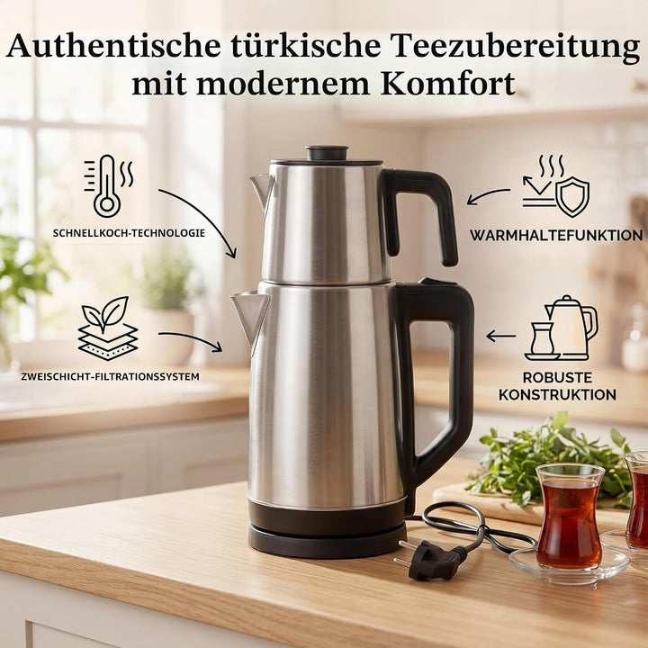 Zerodis Elektrischer Wasserkocher, Türkische Teemaschine mit Doppelkanne, Automatische Warmhaltefunk