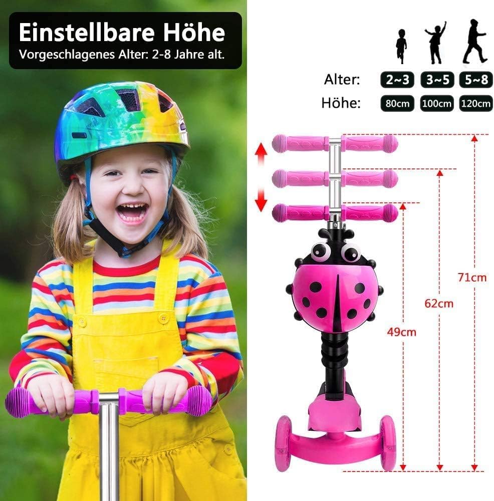 Kinder Roller mit abnehmbarem Sitz, blinkende LED-Räder, höhenverstellbarer 3-Rad-Tretroller mit Sch