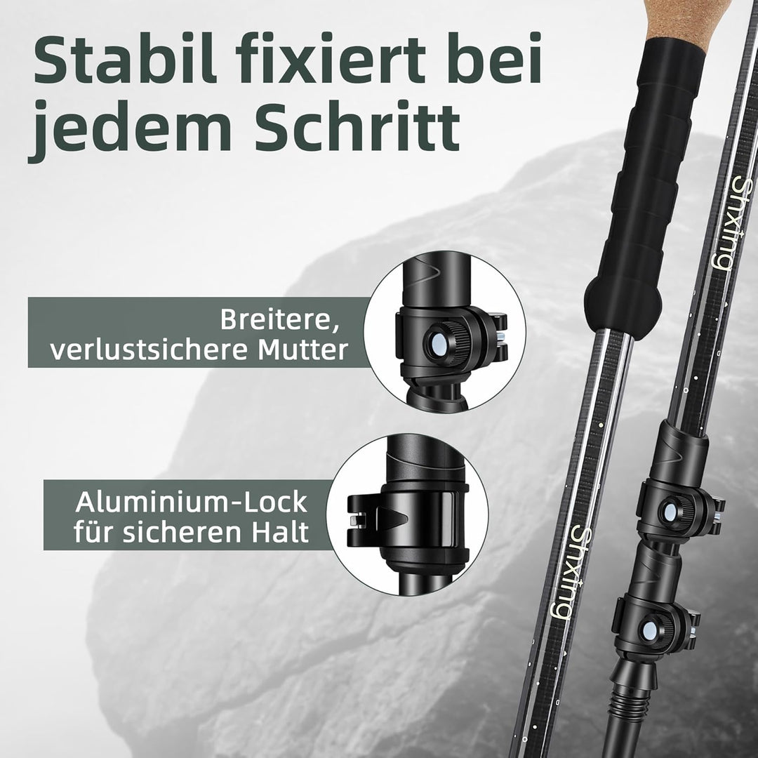Teleskop-Wanderstöcke Carbon 2er Set, 200 g pro Stock, 62–135 cm verstellbar, leicht & stabil, Korkg