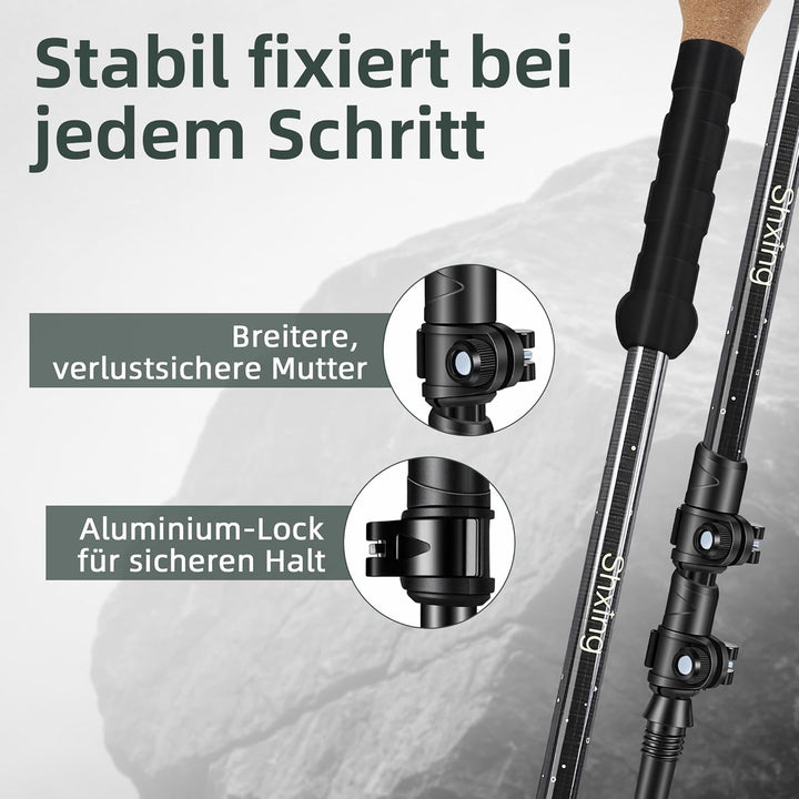 Teleskop-Wanderstöcke Carbon 2er Set, 200 g pro Stock, 62–135 cm verstellbar, leicht & stabil, Korkg