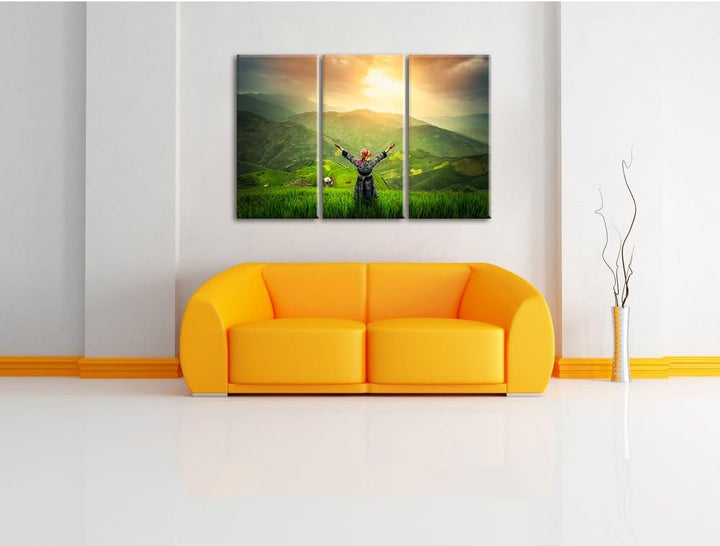 Pixxprint asiatische Berg Farm als Leinwandbild/Grösse: 3 Teilig (120x80) / Wandbild/Kunstdruck/fert
