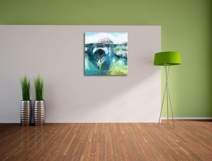 Pinguin im Wasser Pinsel Effekt, Format: 70x70 auf Leinwand, 70x70