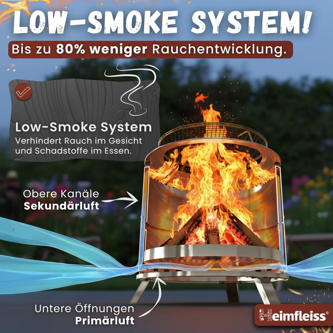 Heimfleiss® Rauchfreie Feuerschale Edelstahl Ø50cm | Feuerkorb mit Grillrost | Feuerschale Rauchfrei