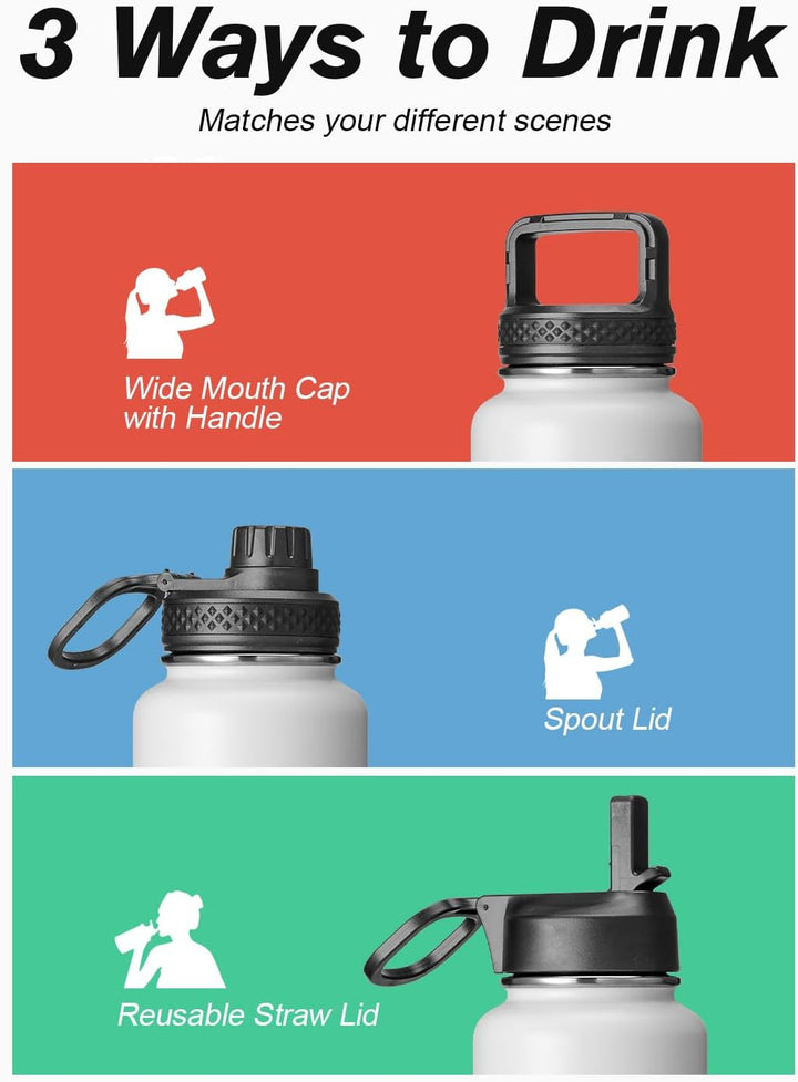 Coolflask Wasserflasche mit Strohhalm, isoliert, Edelstahl, Metall, 3 Deckel, breite Öffnung, für Sp