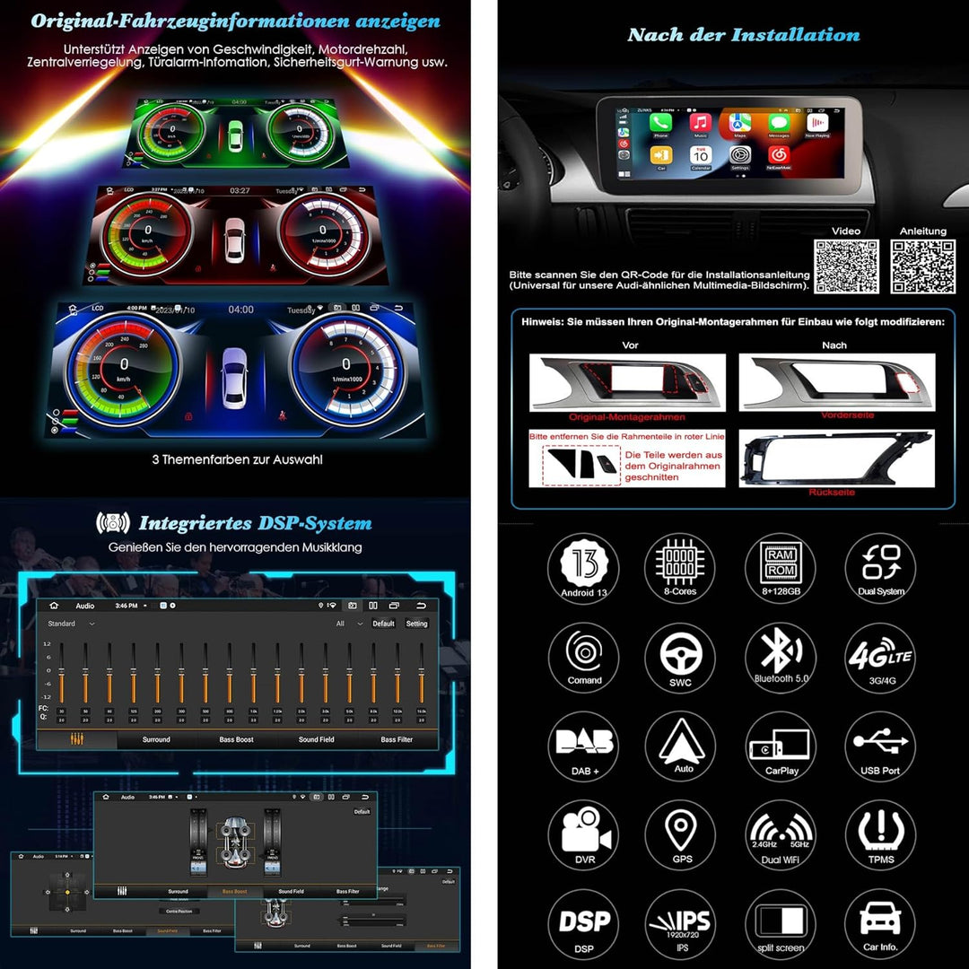 10,25 Zoll IPS Bildschirm Acht-Kern Android 13.0 DAB+ Autoradio für Audi A4 A5 S4 S5 B8 mit GPS Navi
